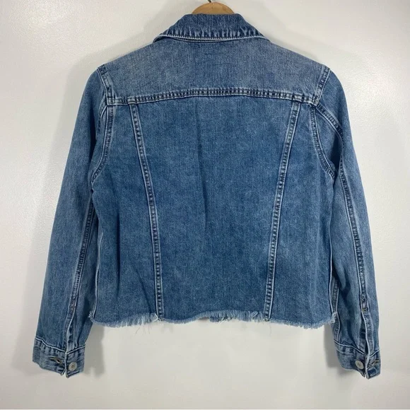 Lucky Brand The Tomboy Trucker Distressed Raw Hem Cropped Denim Jean Jacket M - Picture 4 of 12